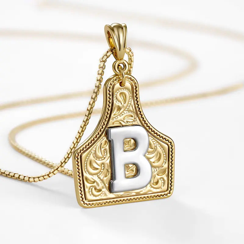 Western Jewelry Handmade CowTag Initial Necklace Two-Toned