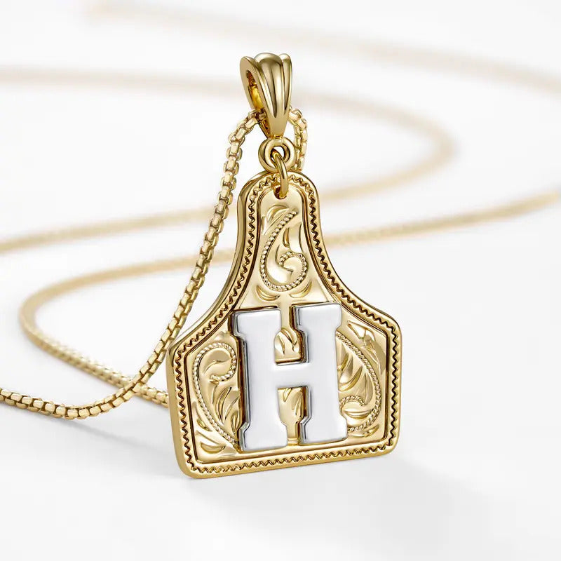 Western Jewelry Handmade CowTag Initial Necklace Two-Toned