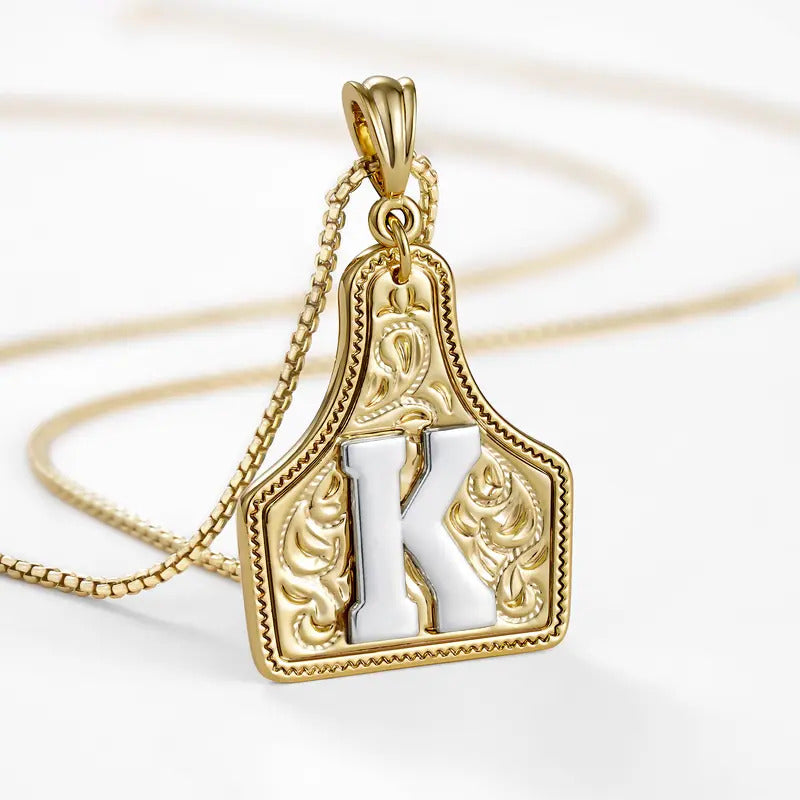 Western Jewelry Handmade CowTag Initial Necklace Two-Toned
