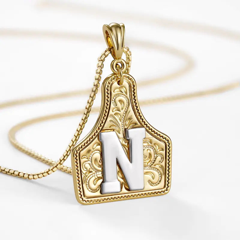 Western Jewelry Handmade CowTag Initial Necklace Two-Toned
