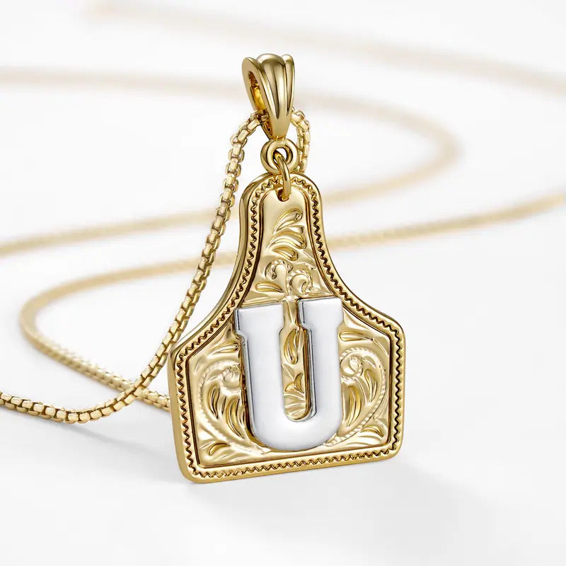 Western Jewelry Handmade CowTag Initial Necklace Two-Toned