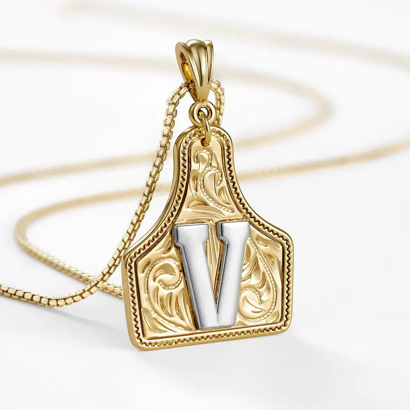 Western Jewelry Handmade CowTag Initial Necklace Two-Toned