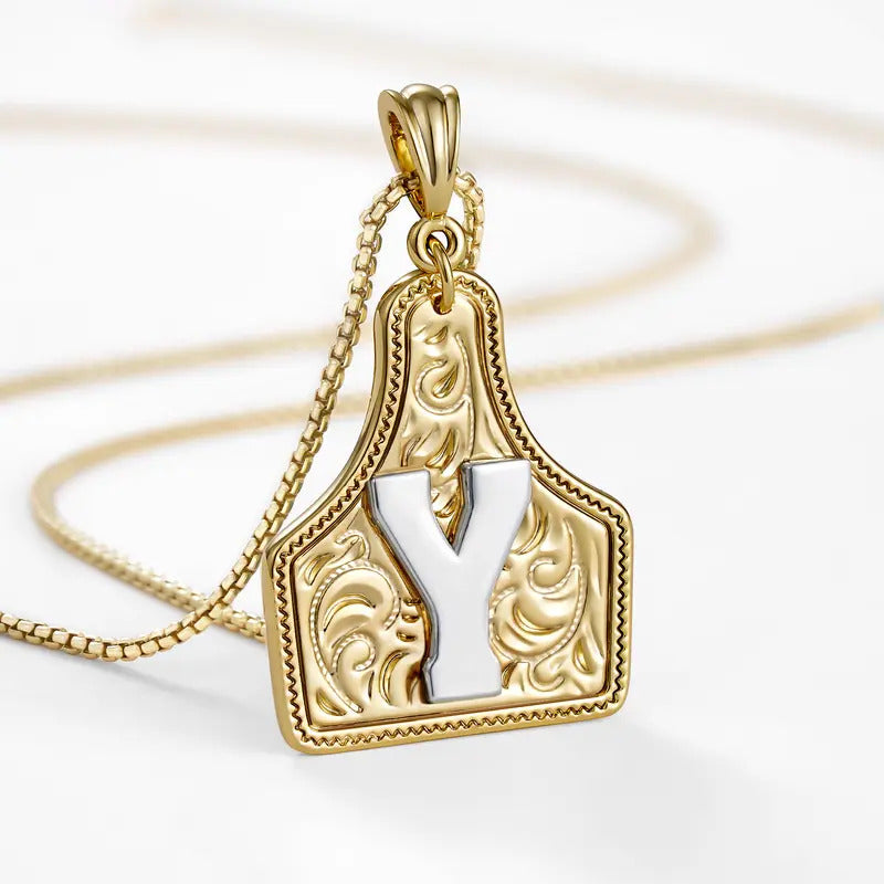 Western Jewelry Handmade CowTag Initial Necklace Two-Toned