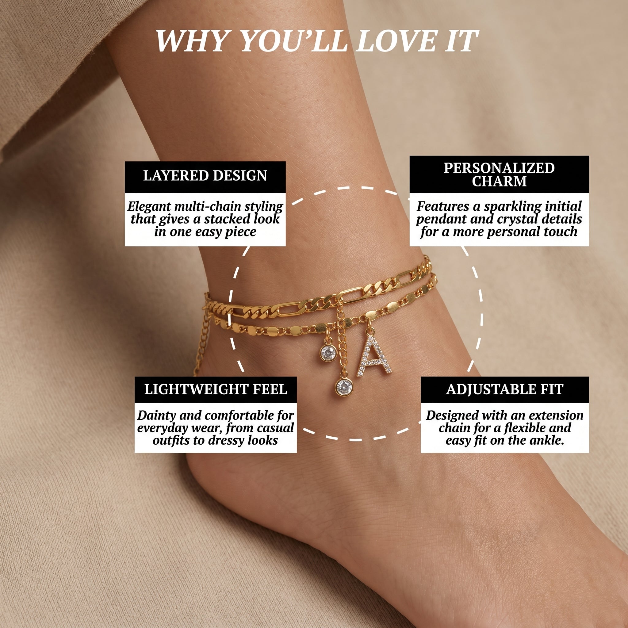 Gold Initial Anklet for Women