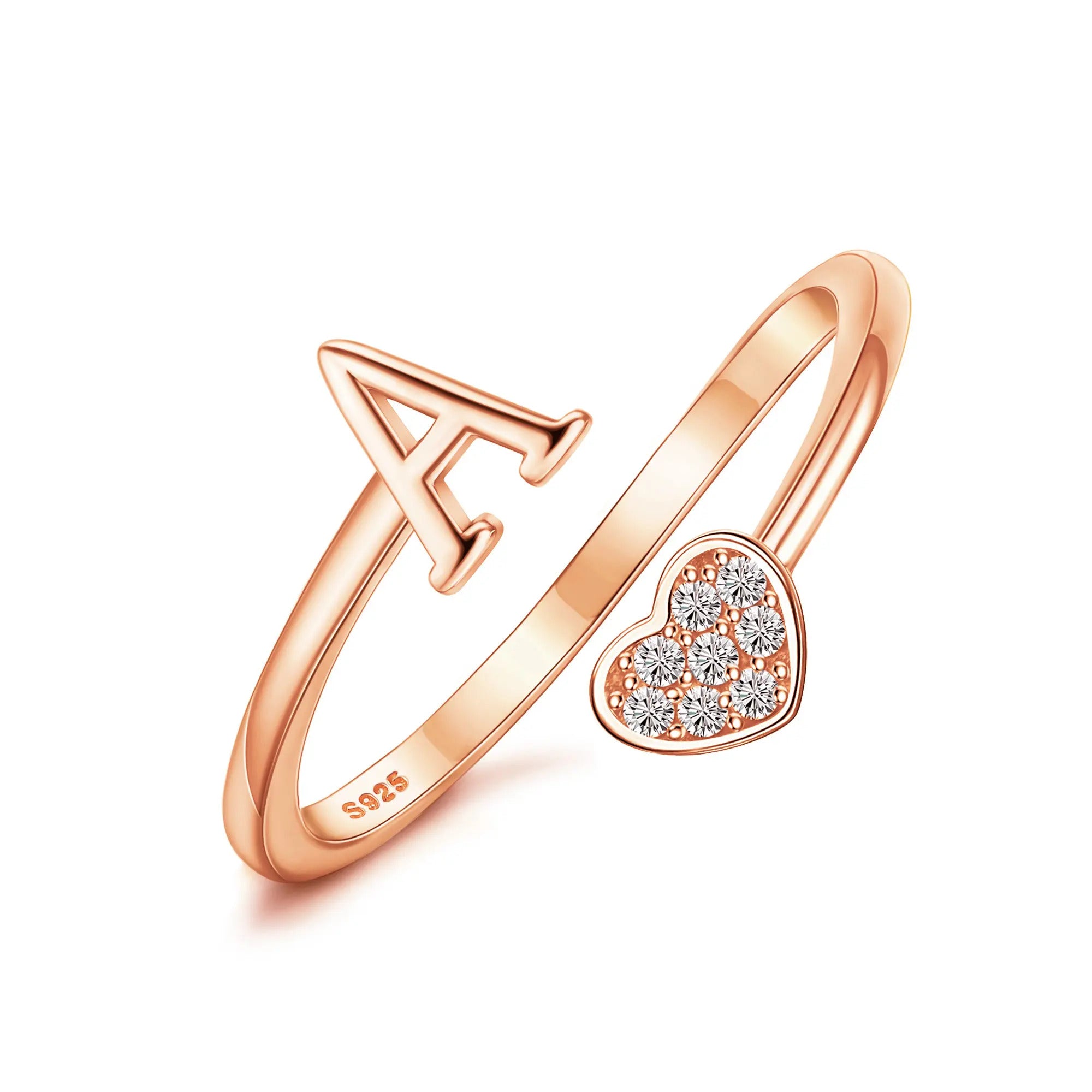 Heart Shaped Alphabet Design Ring, Adjustable Stackable