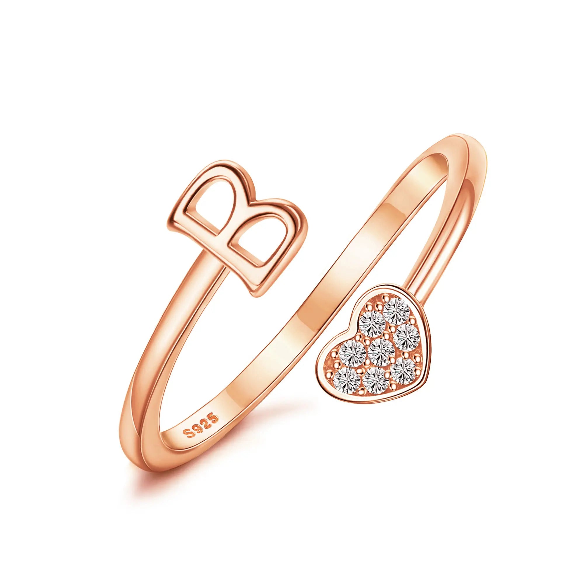 Heart Shaped Alphabet Design Ring, Adjustable Stackable