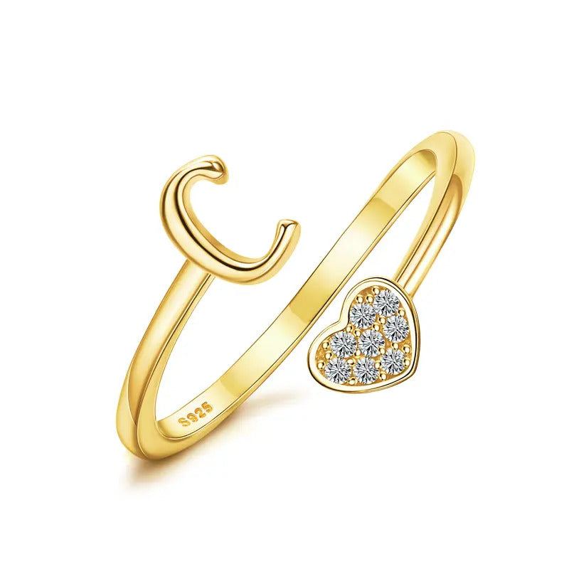 Heart Shaped Alphabet Design Ring, Adjustable Stackable