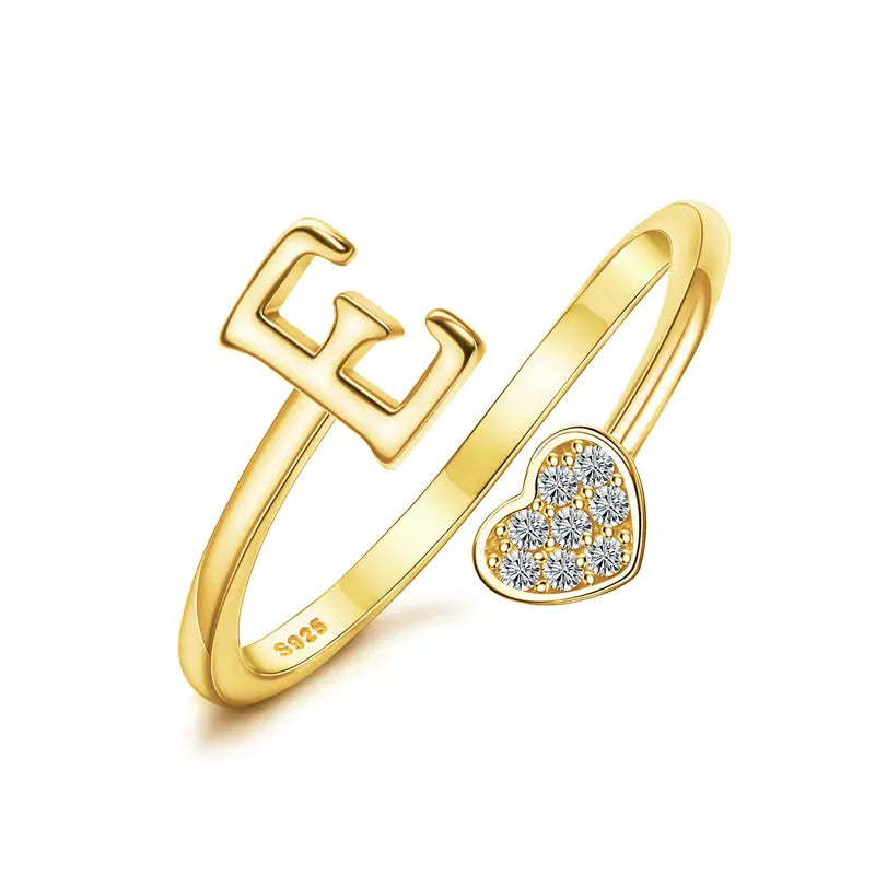 Heart Shaped Alphabet Design Ring, Adjustable Stackable