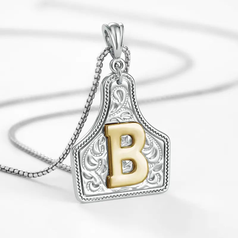 Western Jewelry Handmade CowTag Initial Necklace Two-Toned