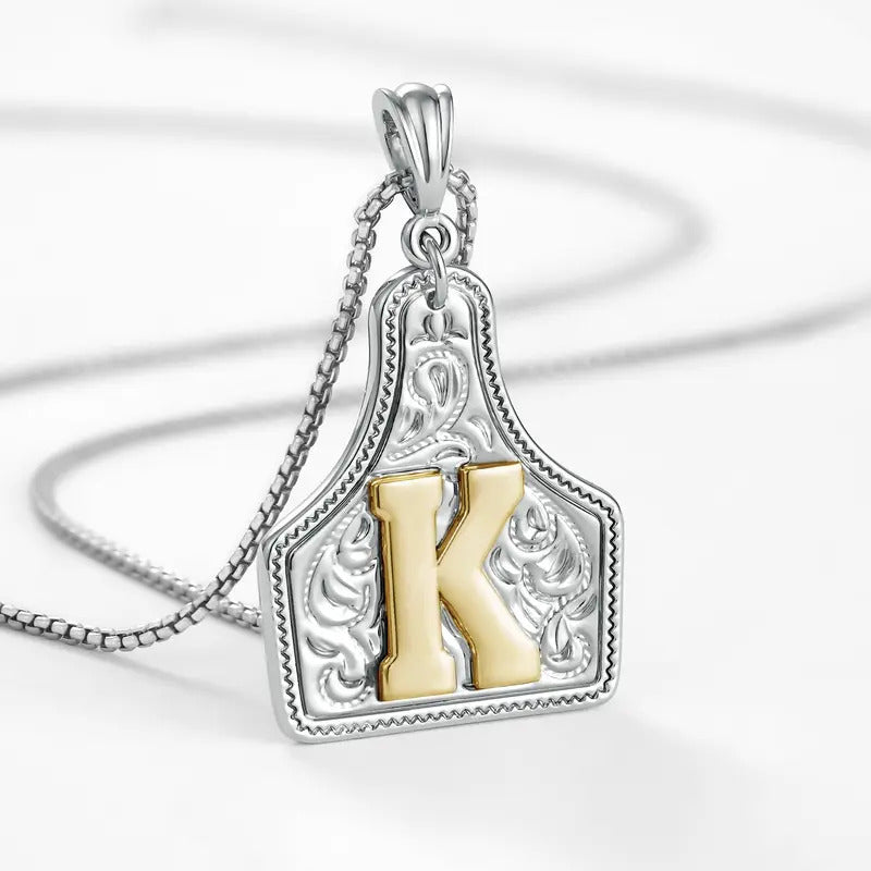Western Jewelry Handmade CowTag Initial Necklace Two-Toned
