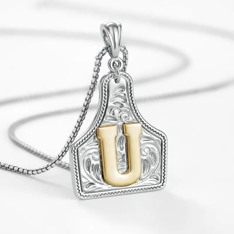 Western Jewelry Handmade CowTag Initial Necklace Two-Toned