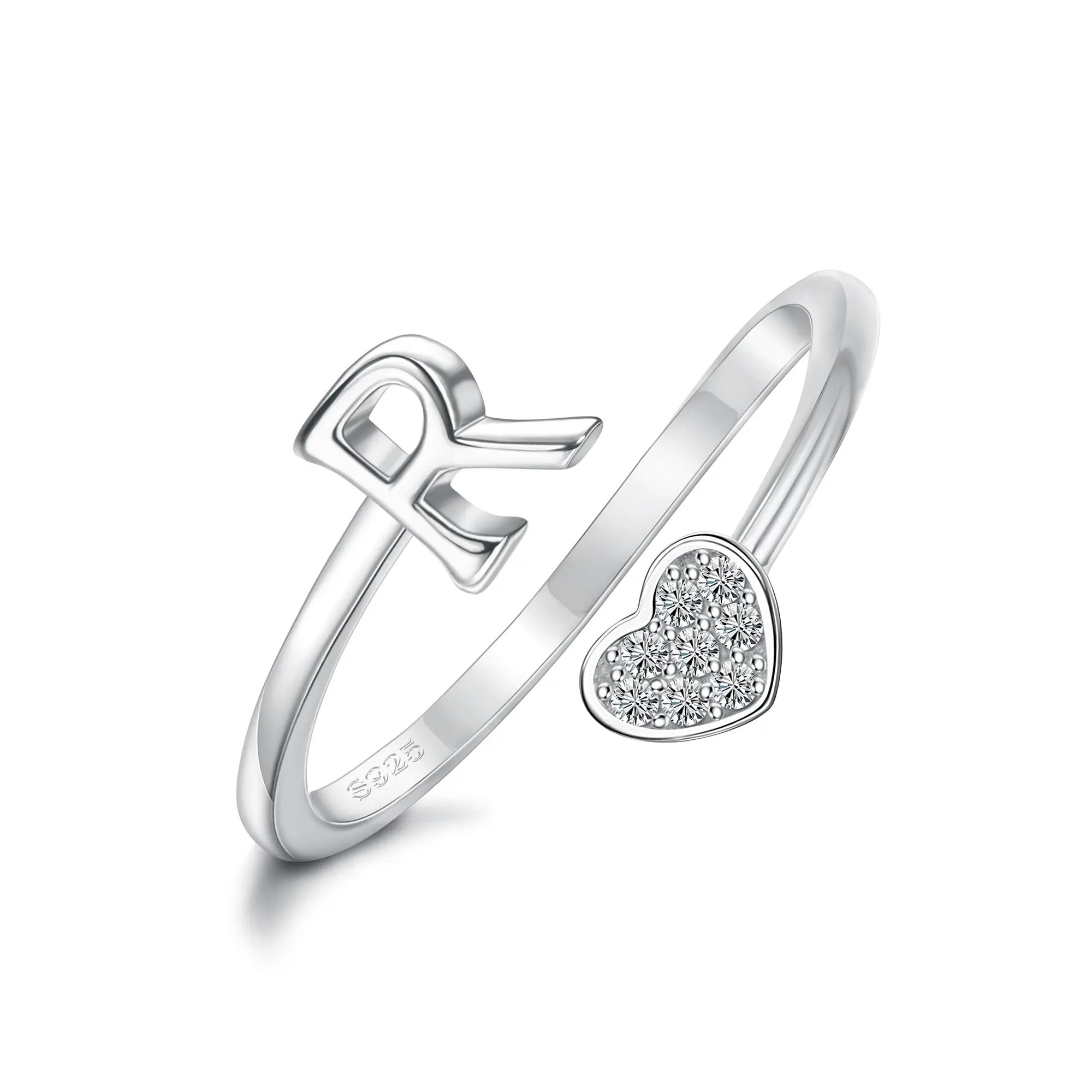 Heart Shaped Alphabet Design Ring, Adjustable Stackable