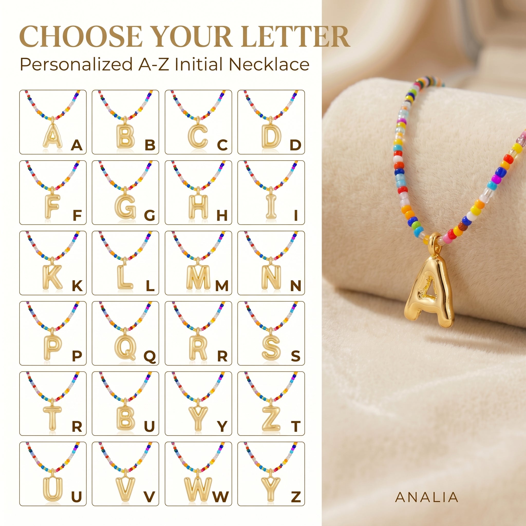 Colorful Letter Bubble Initial Handmade Beaded Necklace