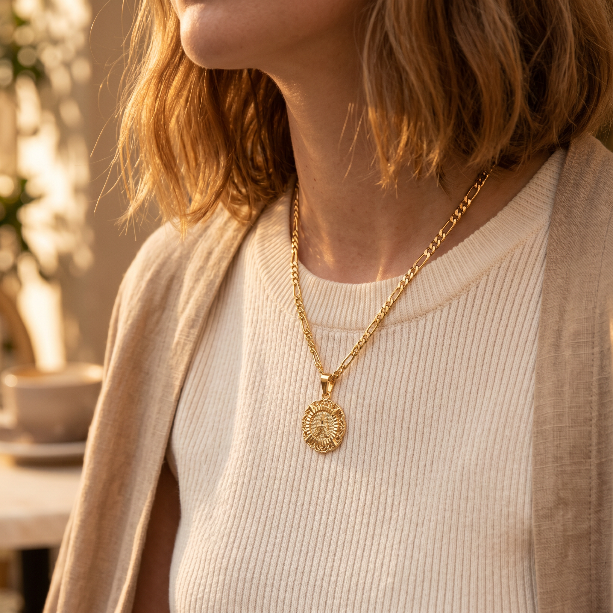 Figaro Chain Initial Necklace 14K Gold Letter Pendant Necklace