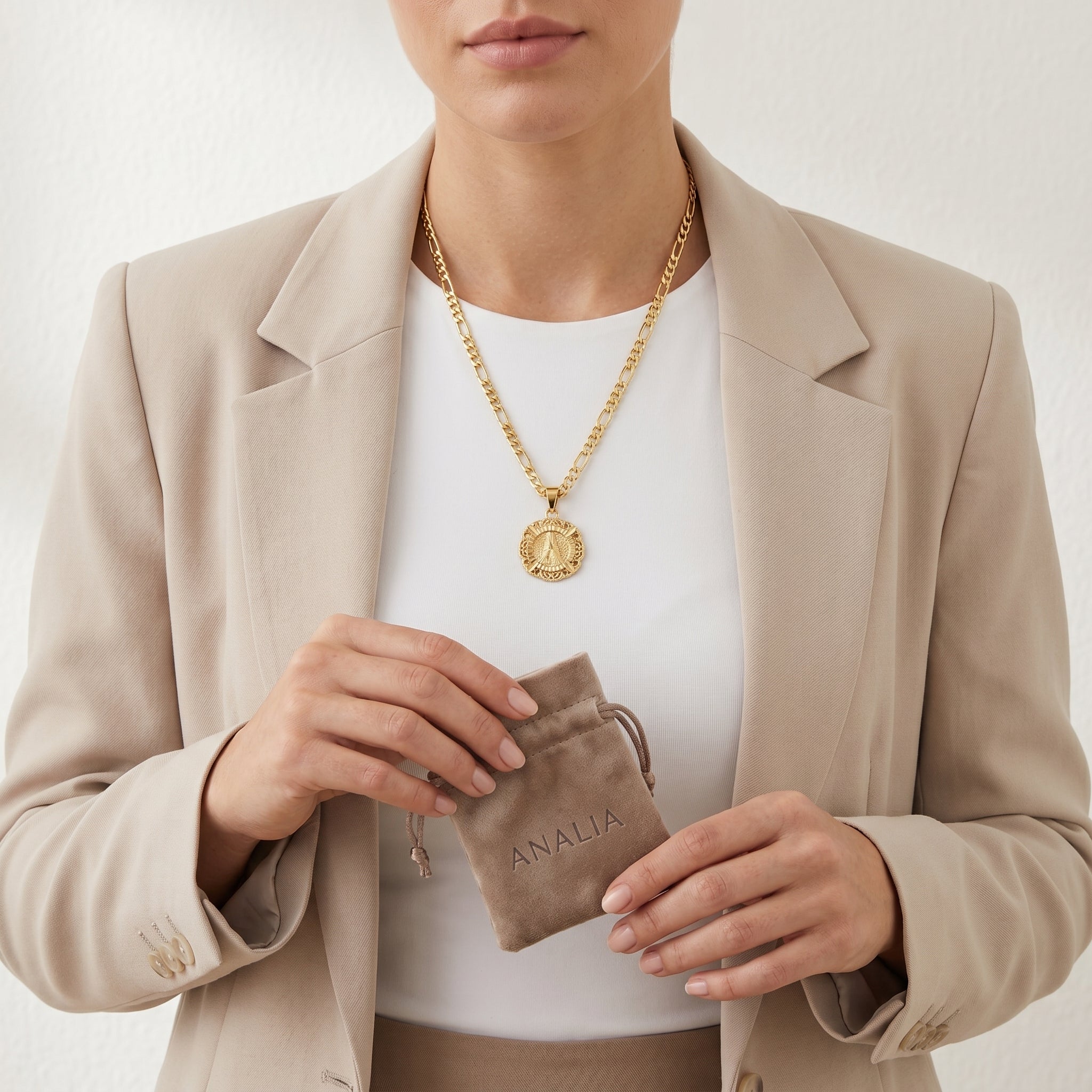 Figaro Chain Initial Necklace 14K Gold Letter Pendant Necklace