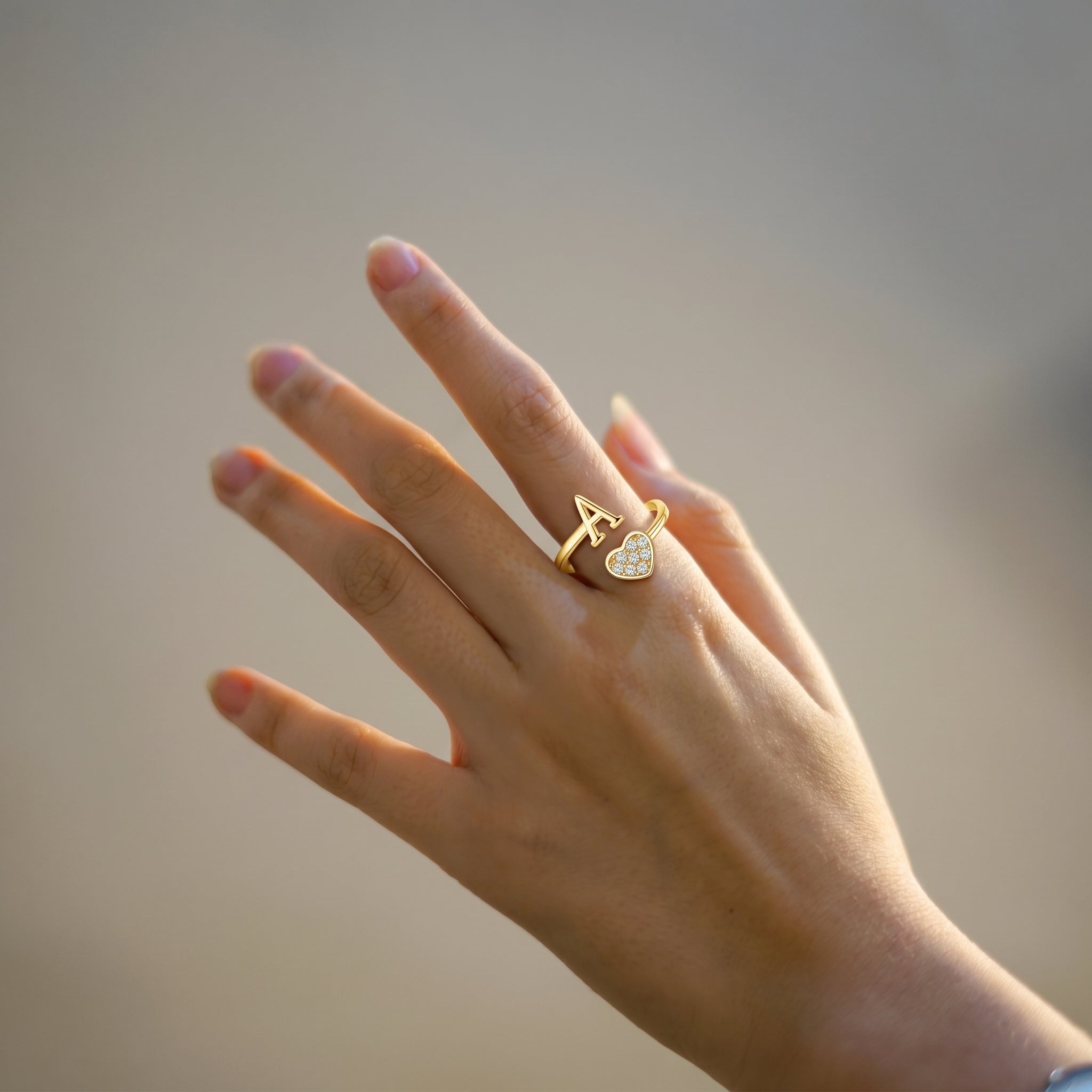Heart Shaped Alphabet Design Ring, Adjustable Stackable