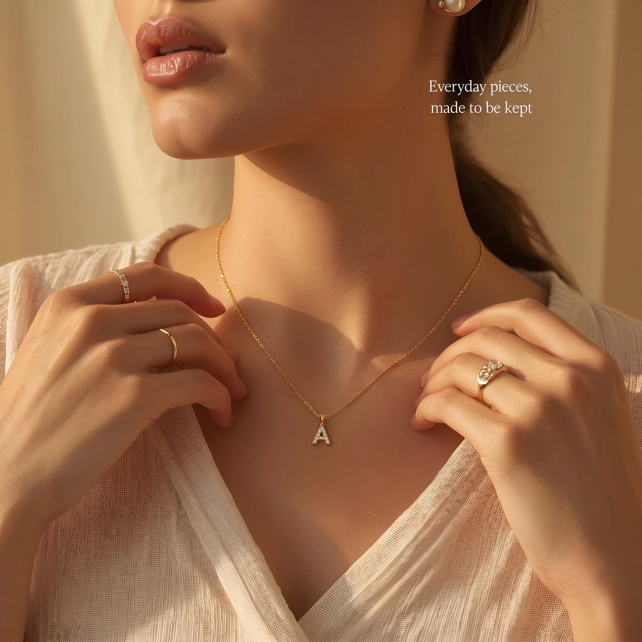 Dainty Pave Letter Necklace 18K Gold
