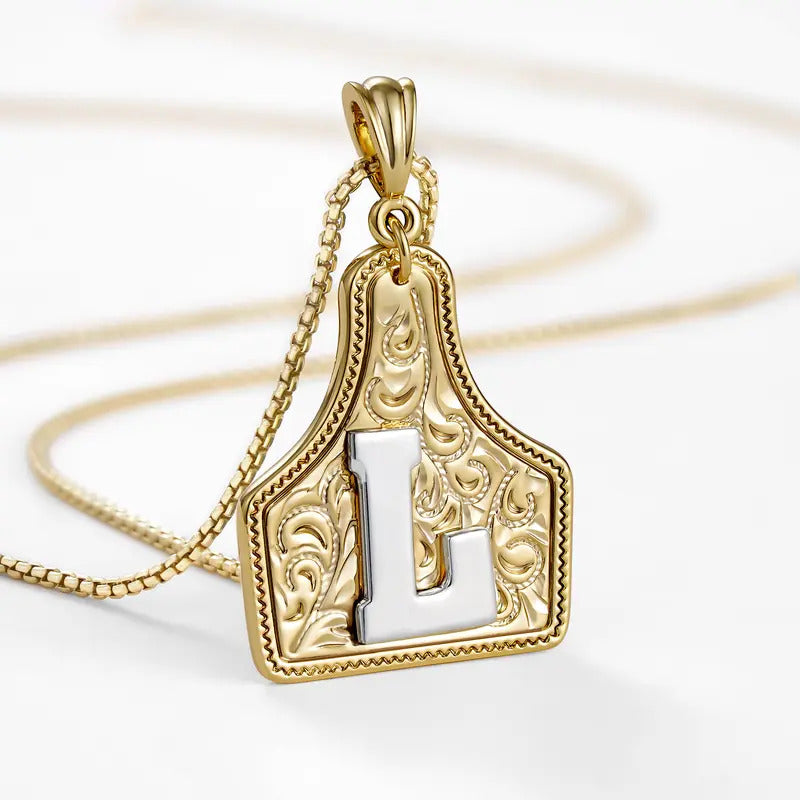 Western Jewelry Handmade CowTag Initial Necklace Two-Toned
