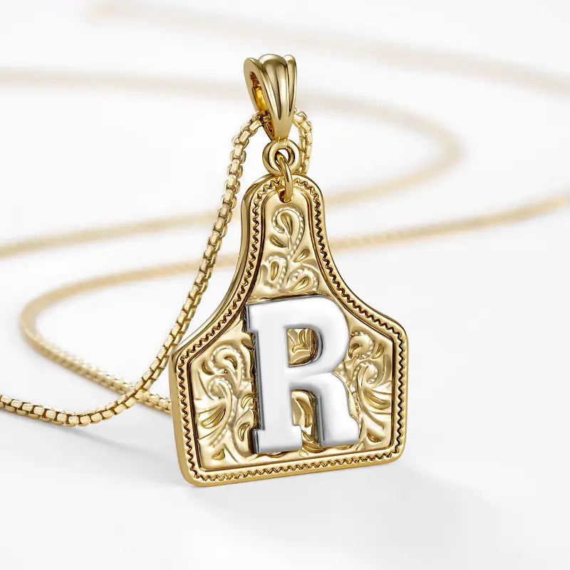 Western Jewelry Handmade CowTag Initial Necklace Two-Toned