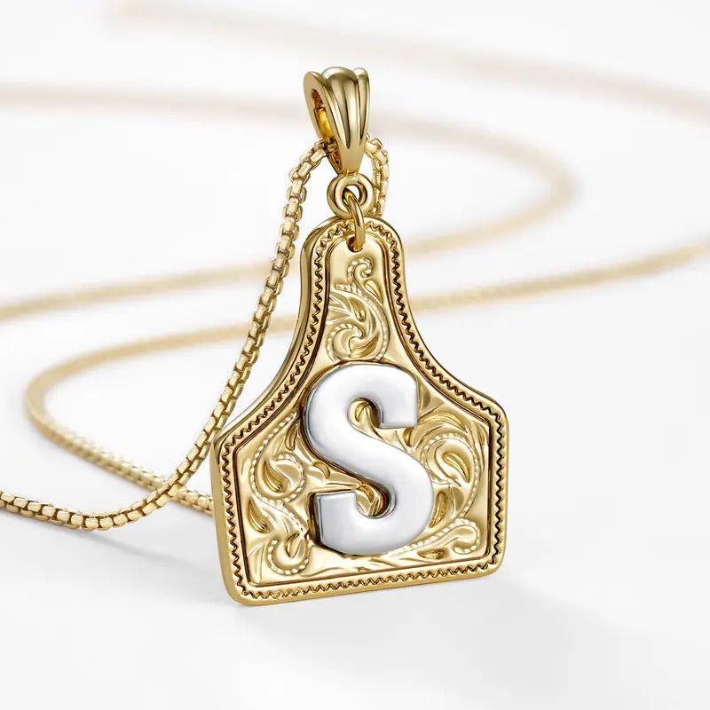 Western Jewelry Handmade CowTag Initial Necklace Two-Toned
