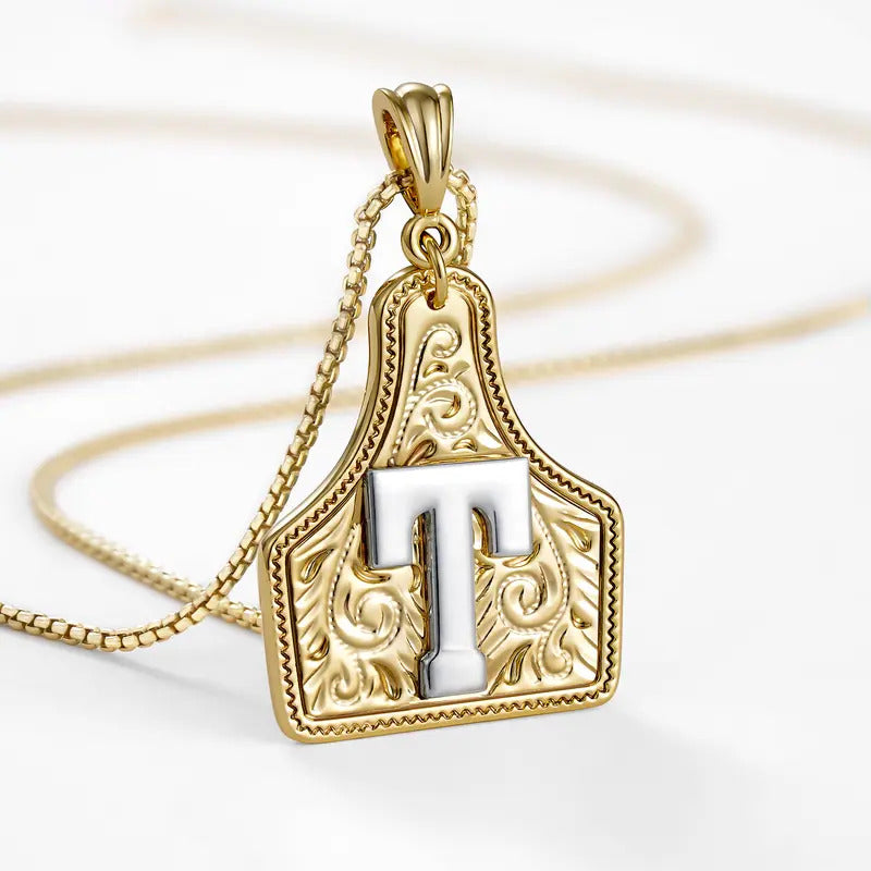 Western Jewelry Handmade CowTag Initial Necklace Two-Toned
