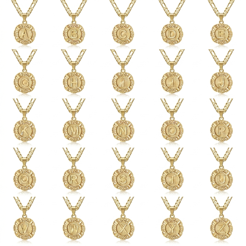 Figaro Chain Initial Necklace 14K Gold Letter Pendant Necklace