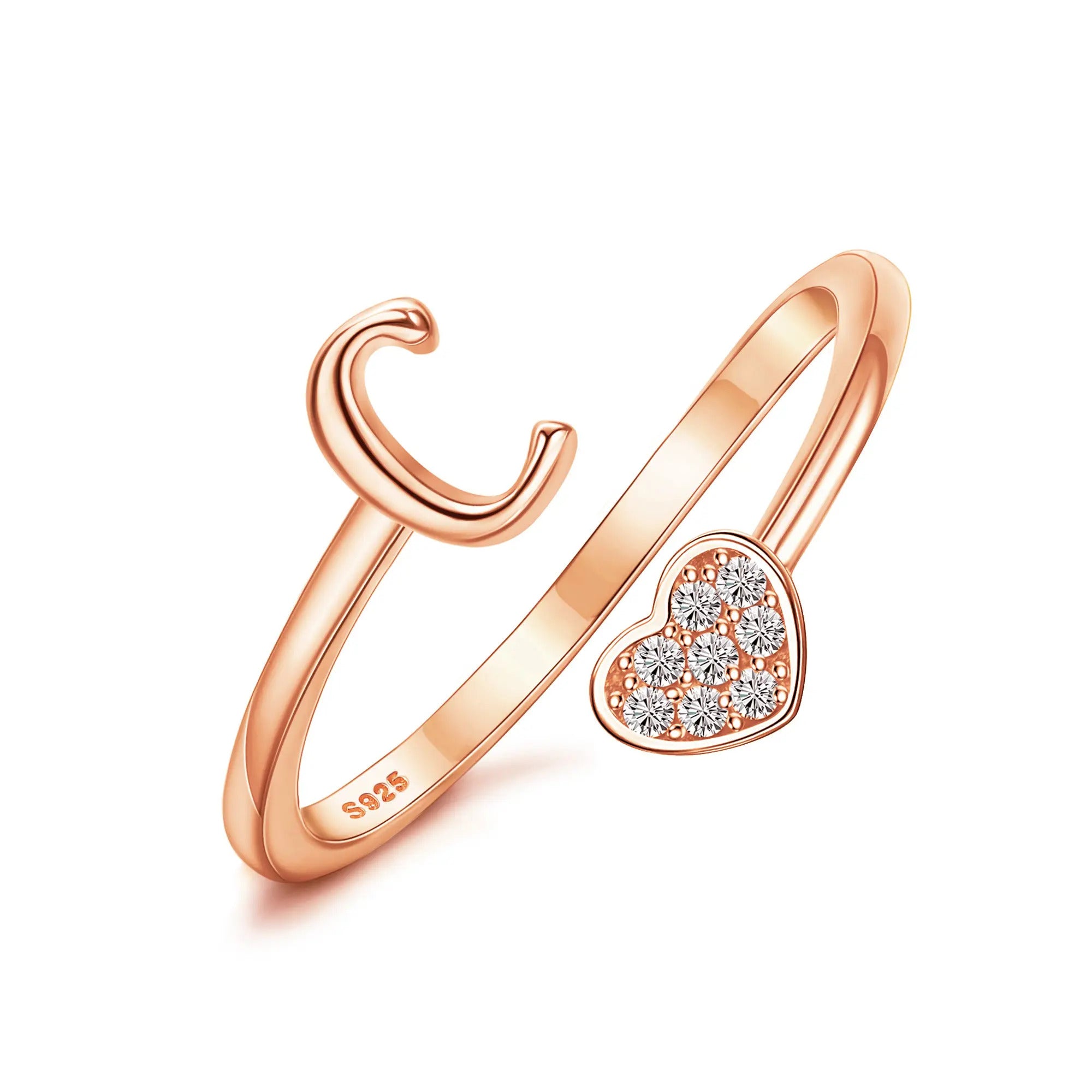 Heart Shaped Alphabet Design Ring, Adjustable Stackable