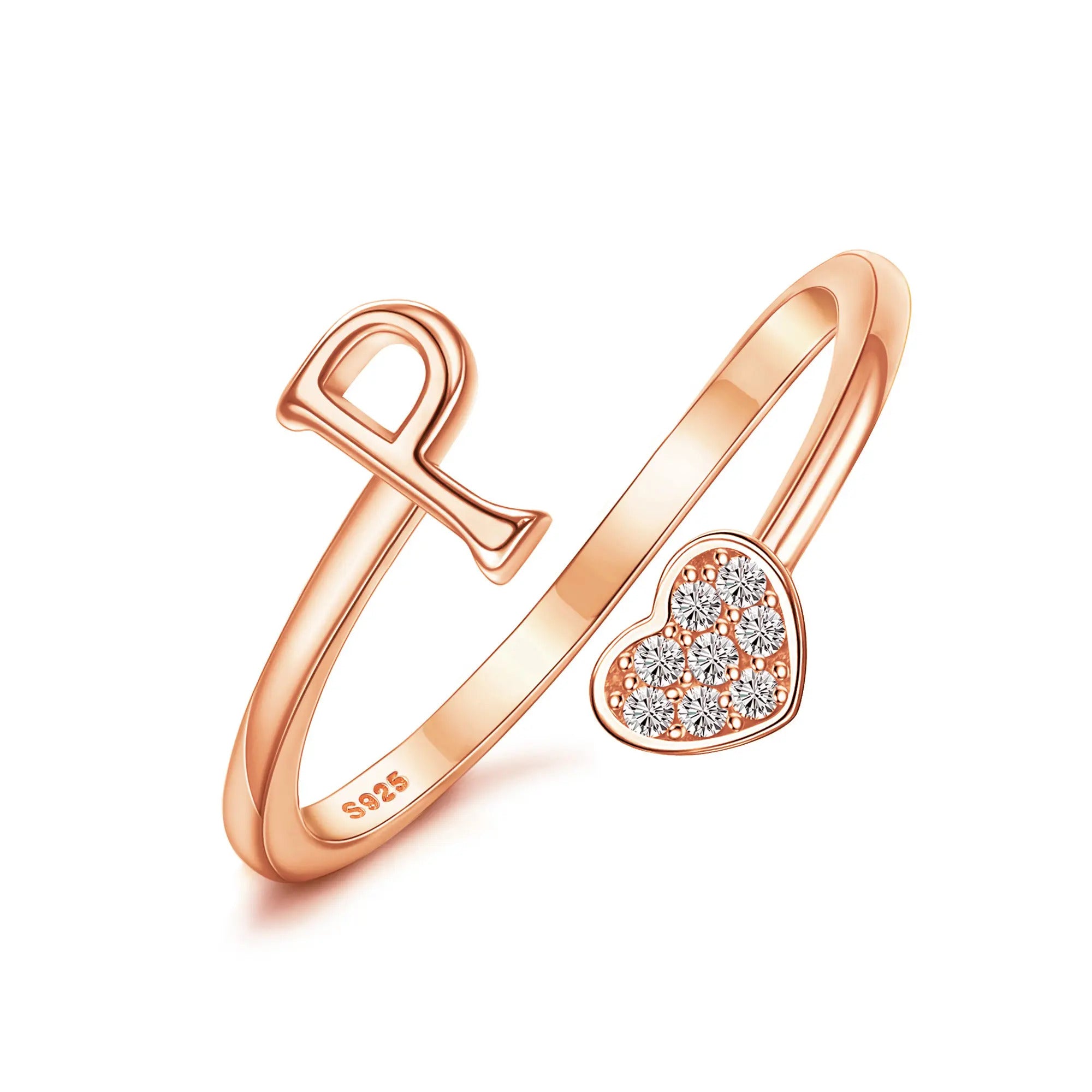 Heart Shaped Alphabet Design Ring, Adjustable Stackable