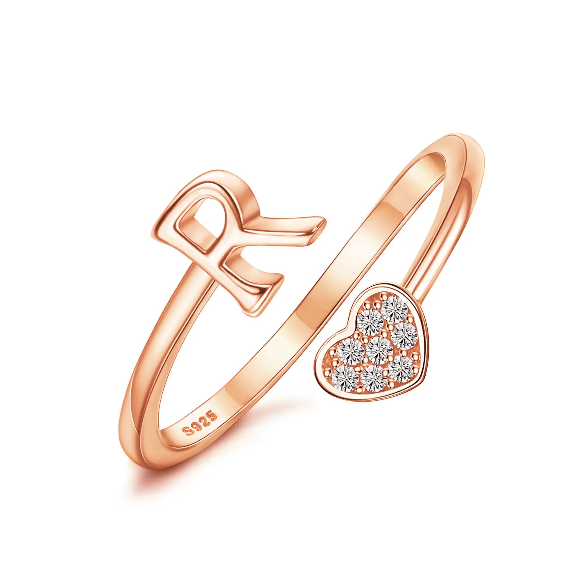Heart Shaped Alphabet Design Ring, Adjustable Stackable