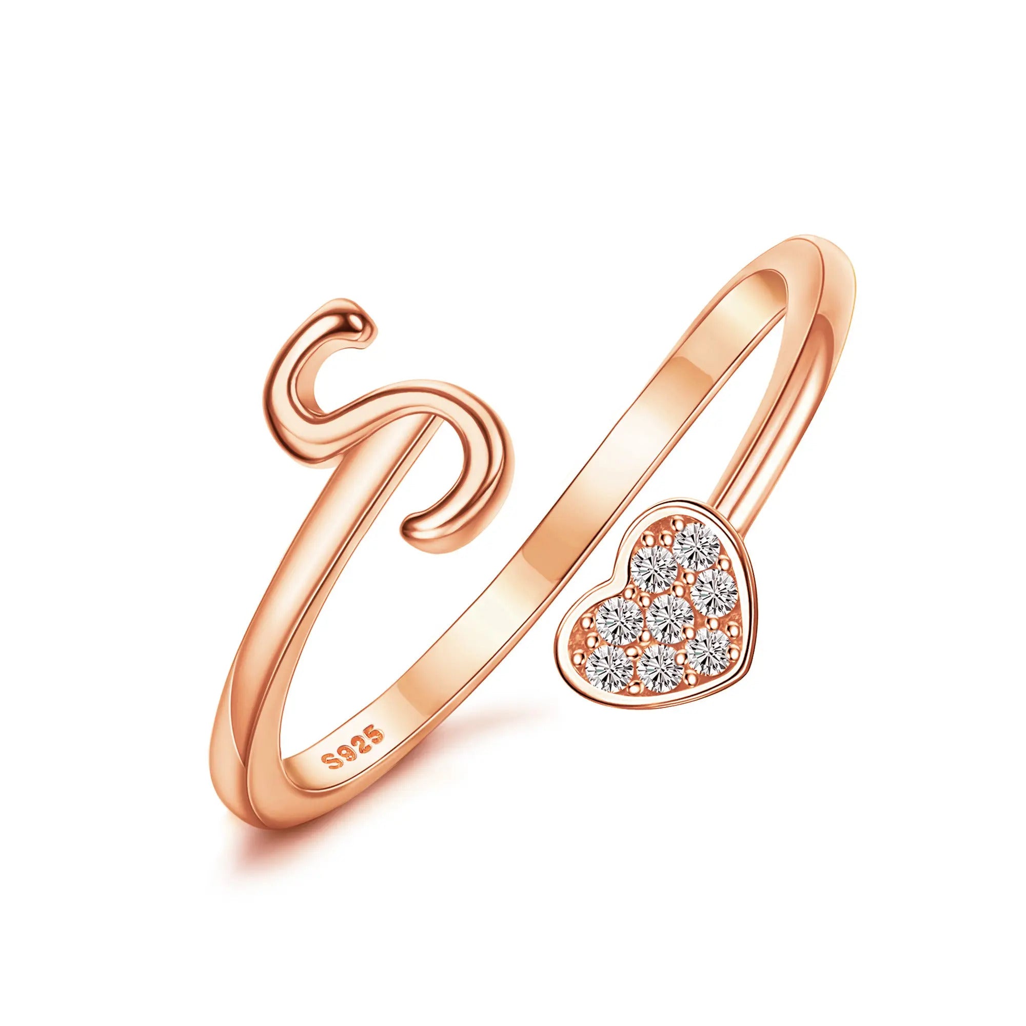 Heart Shaped Alphabet Design Ring, Adjustable Stackable