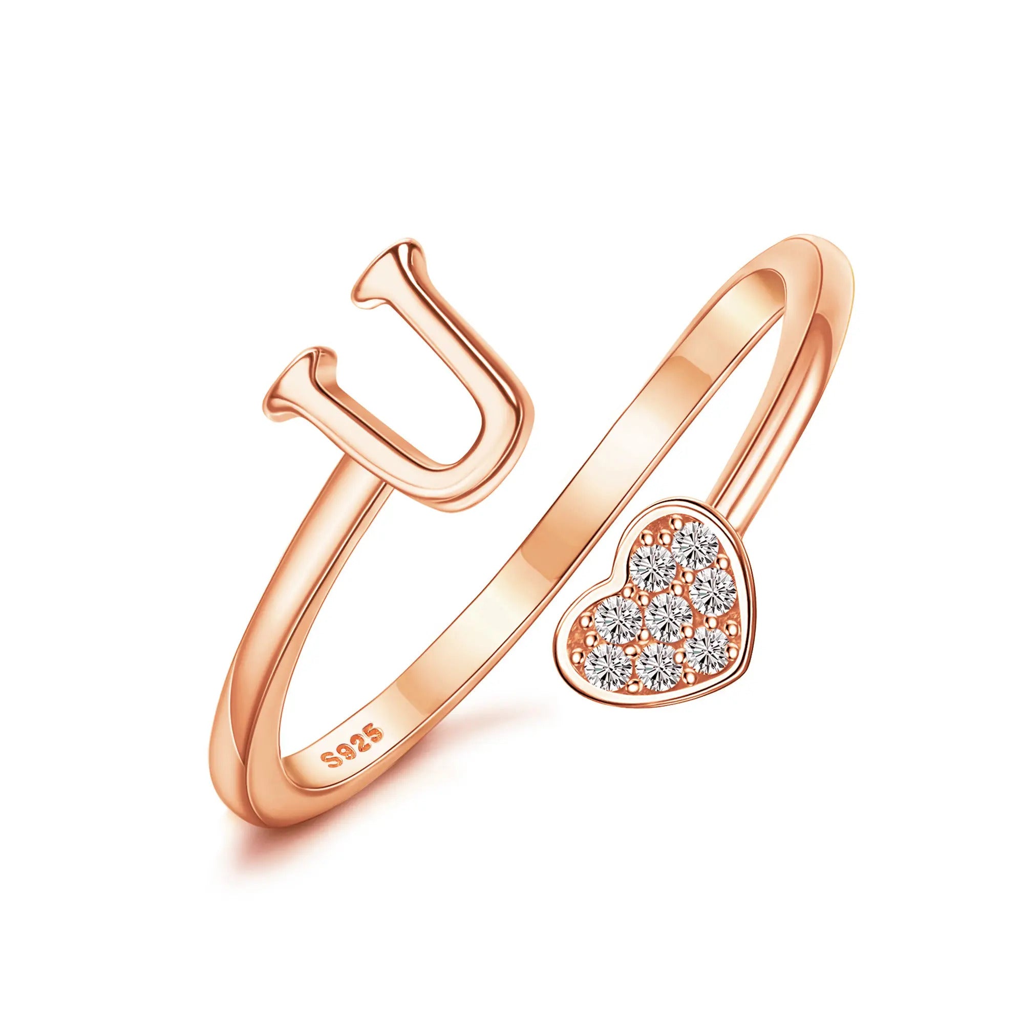 Heart Shaped Alphabet Design Ring, Adjustable Stackable