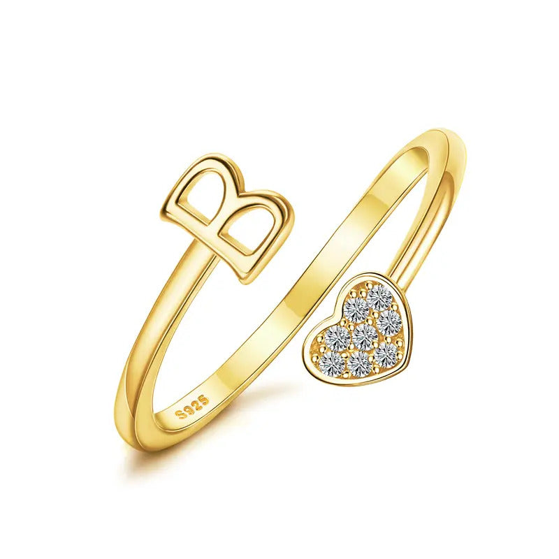 Heart Shaped Alphabet Design Ring, Adjustable Stackable