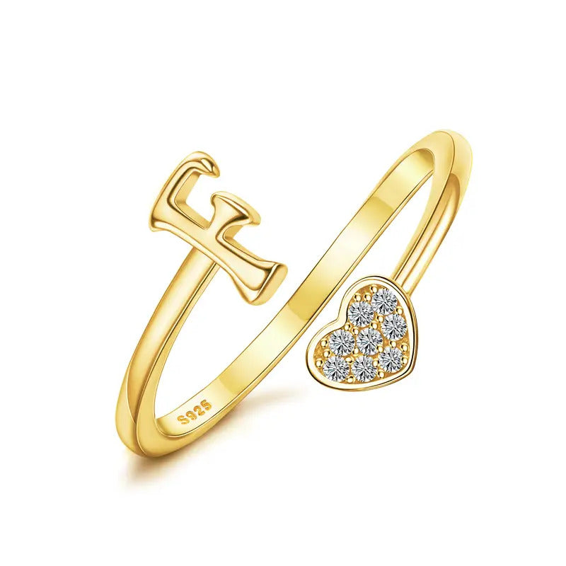 Heart Shaped Alphabet Design Ring, Adjustable Stackable