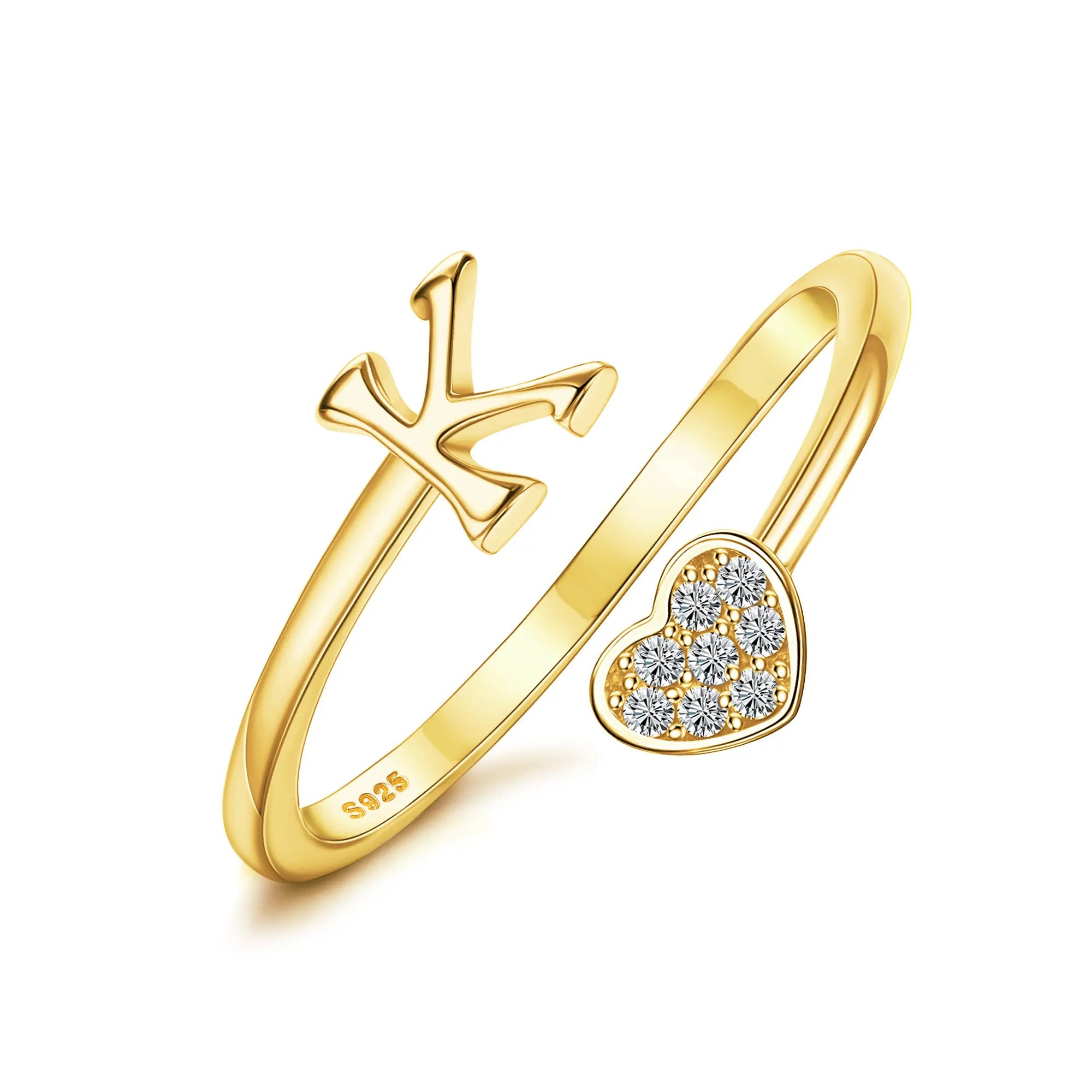 Heart Shaped Alphabet Design Ring, Adjustable Stackable
