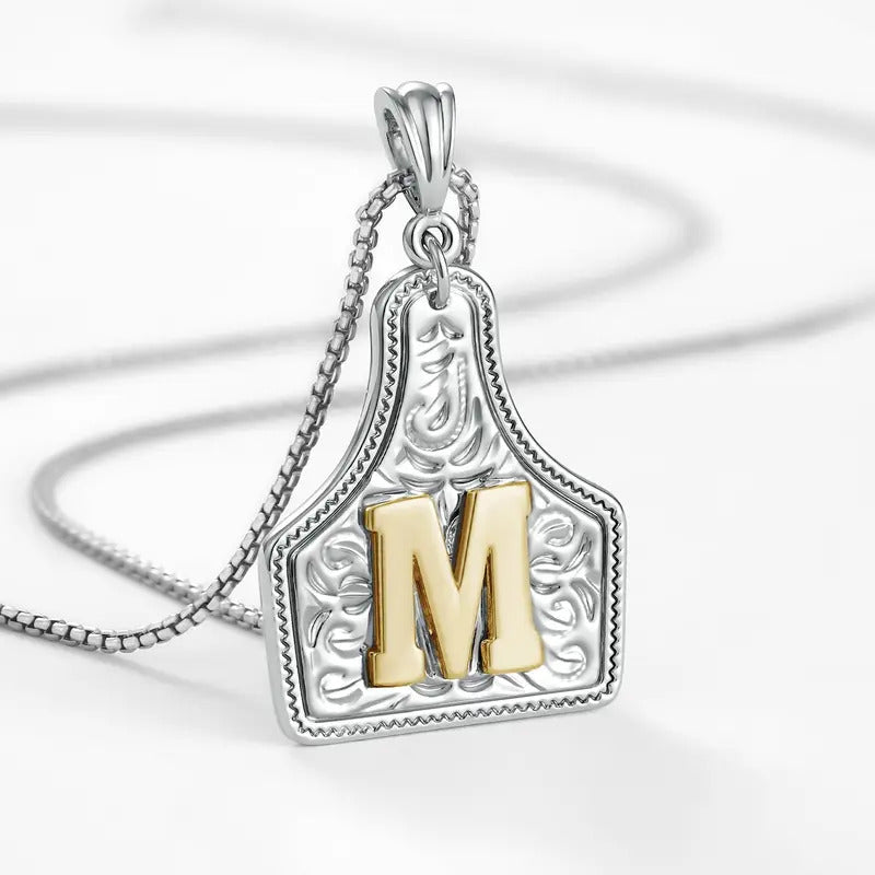 Western Jewelry Handmade CowTag Initial Necklace Two-Toned