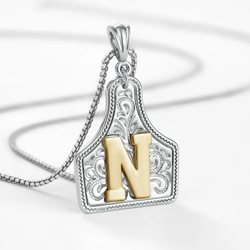Western Jewelry Handmade CowTag Initial Necklace Two-Toned