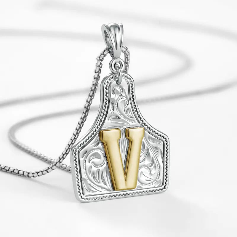 Western Jewelry Handmade CowTag Initial Necklace Two-Toned
