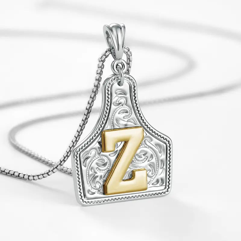 Western Jewelry Handmade CowTag Initial Necklace Two-Toned