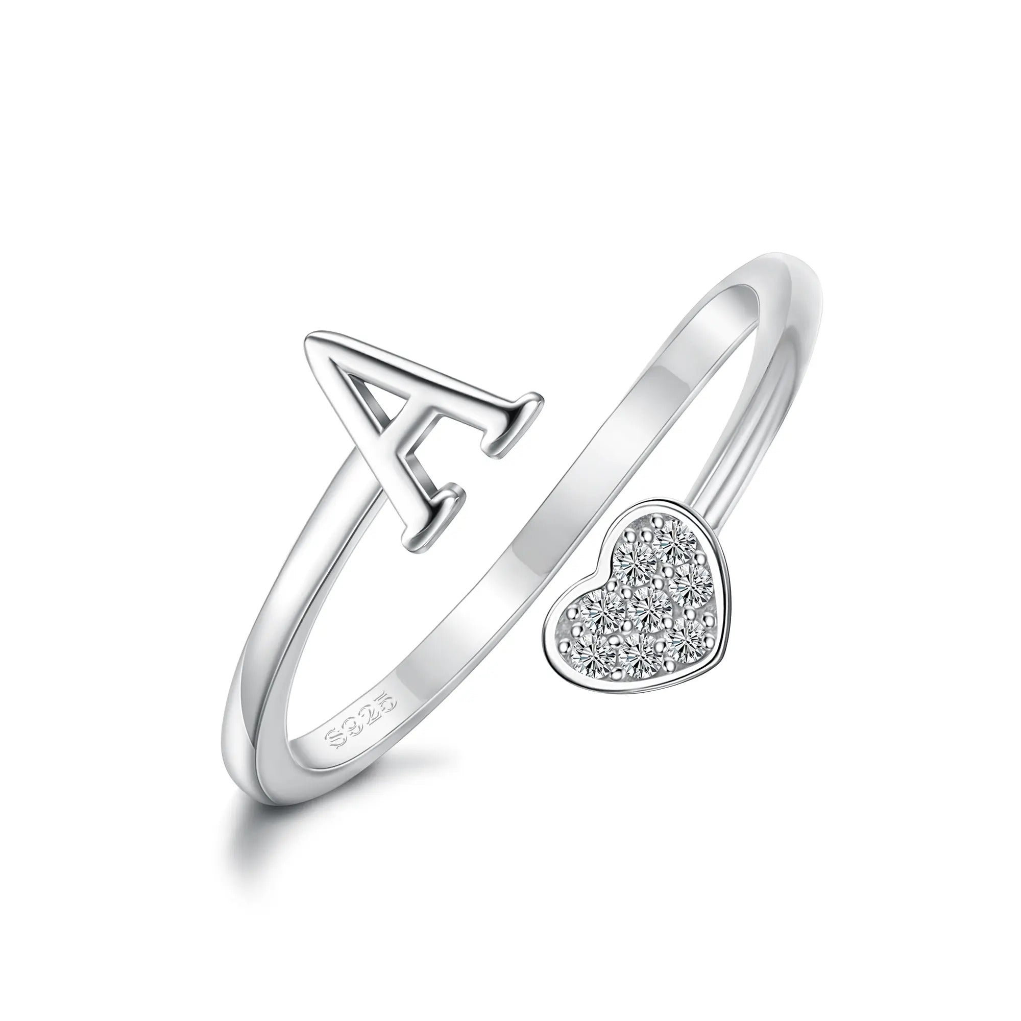 Heart Shaped Alphabet Design Ring, Adjustable Stackable