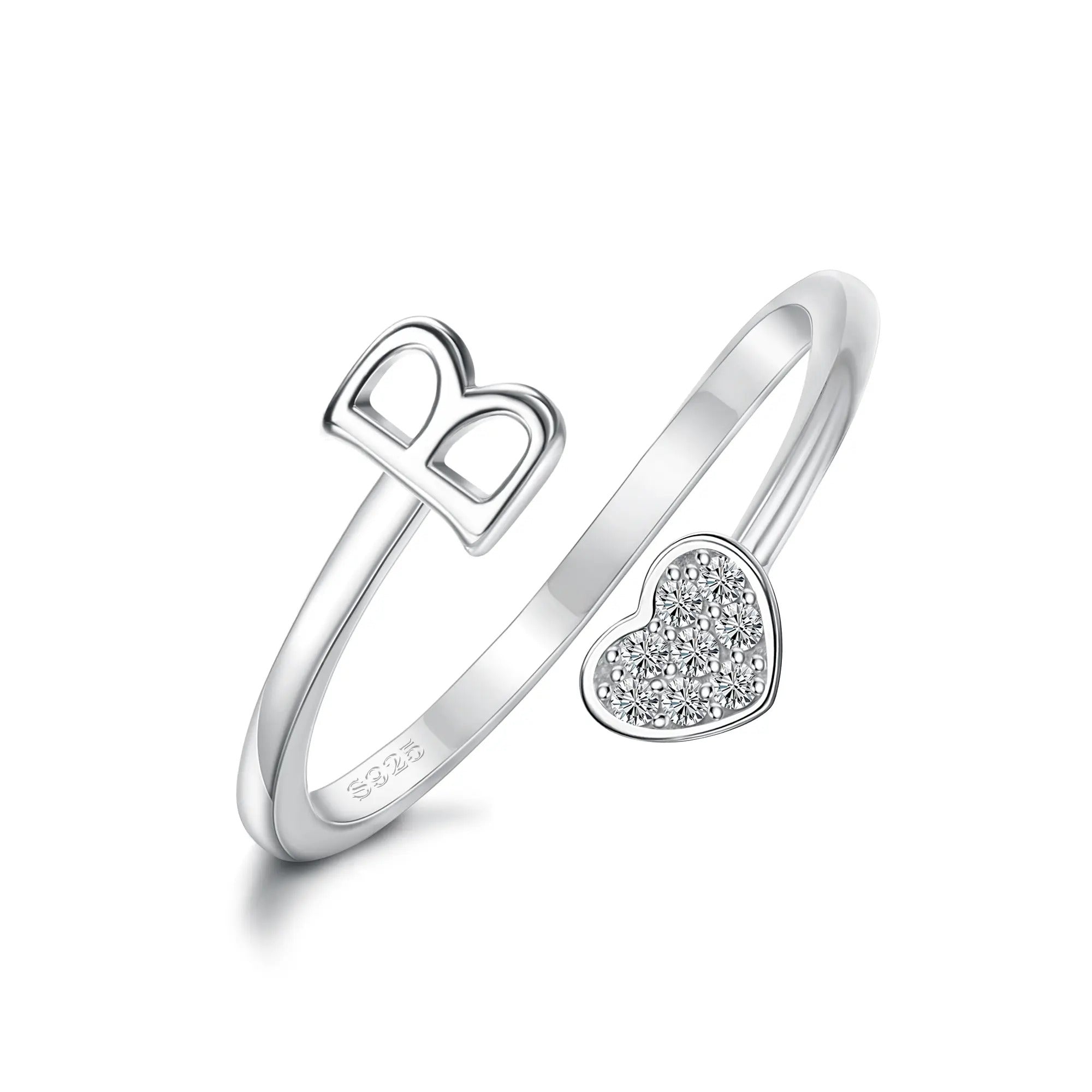 Heart Shaped Alphabet Design Ring, Adjustable Stackable