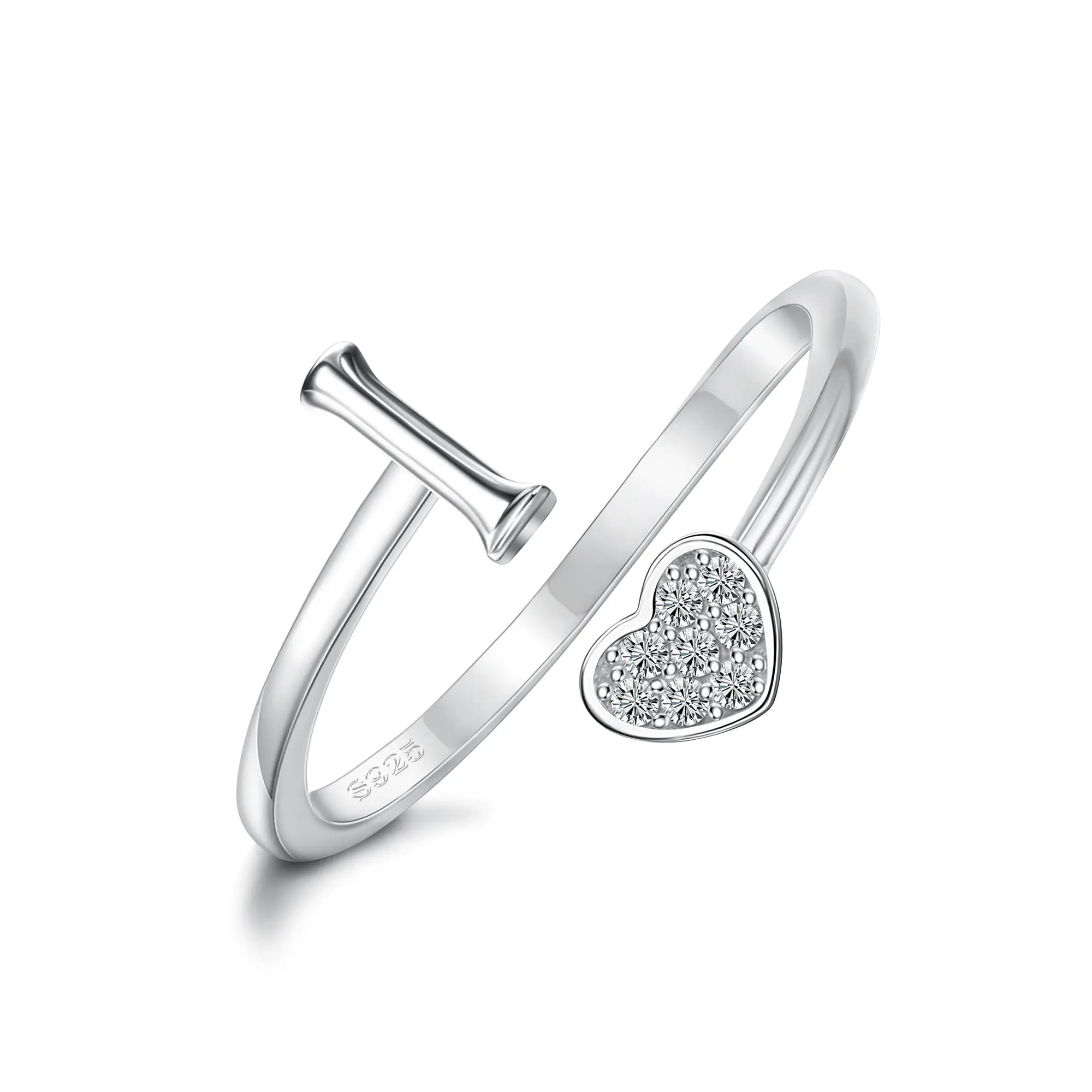 Heart Shaped Alphabet Design Ring, Adjustable Stackable