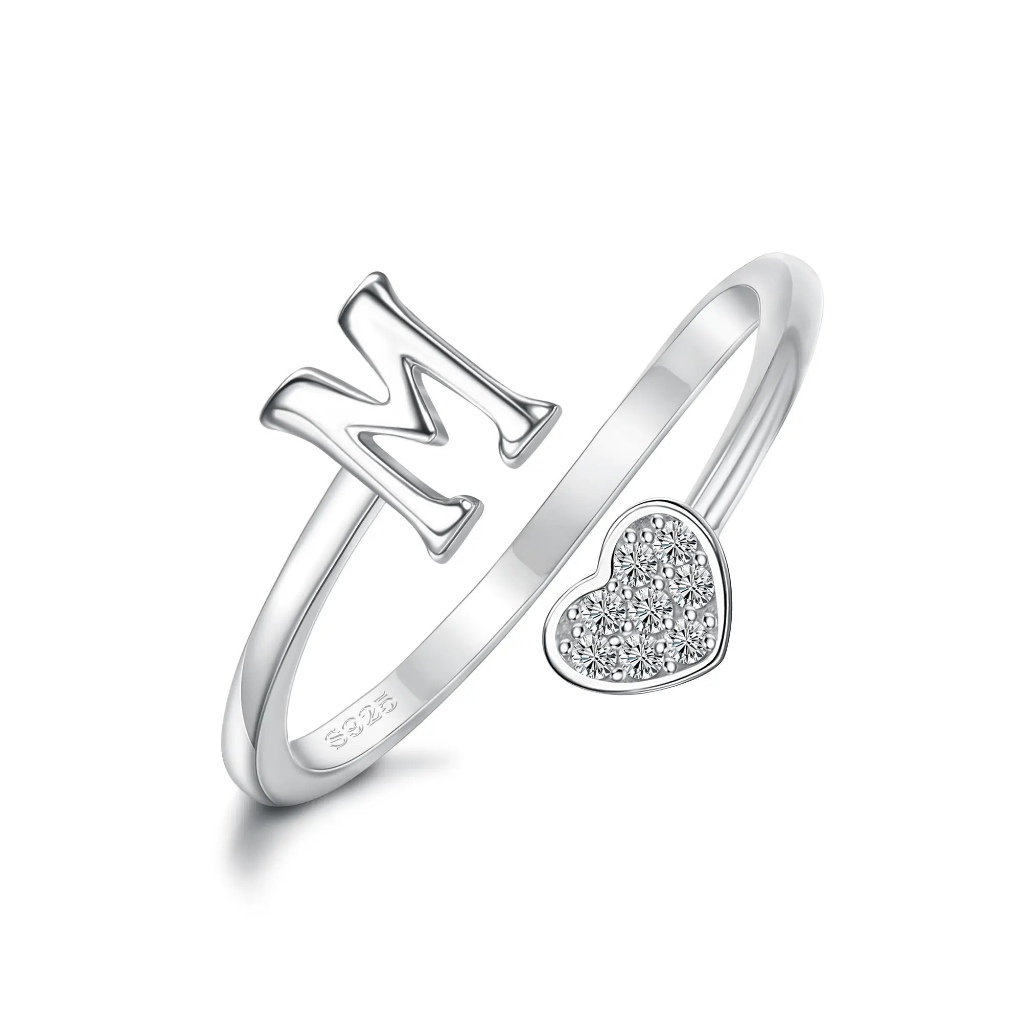 Heart Shaped Alphabet Design Ring, Adjustable Stackable