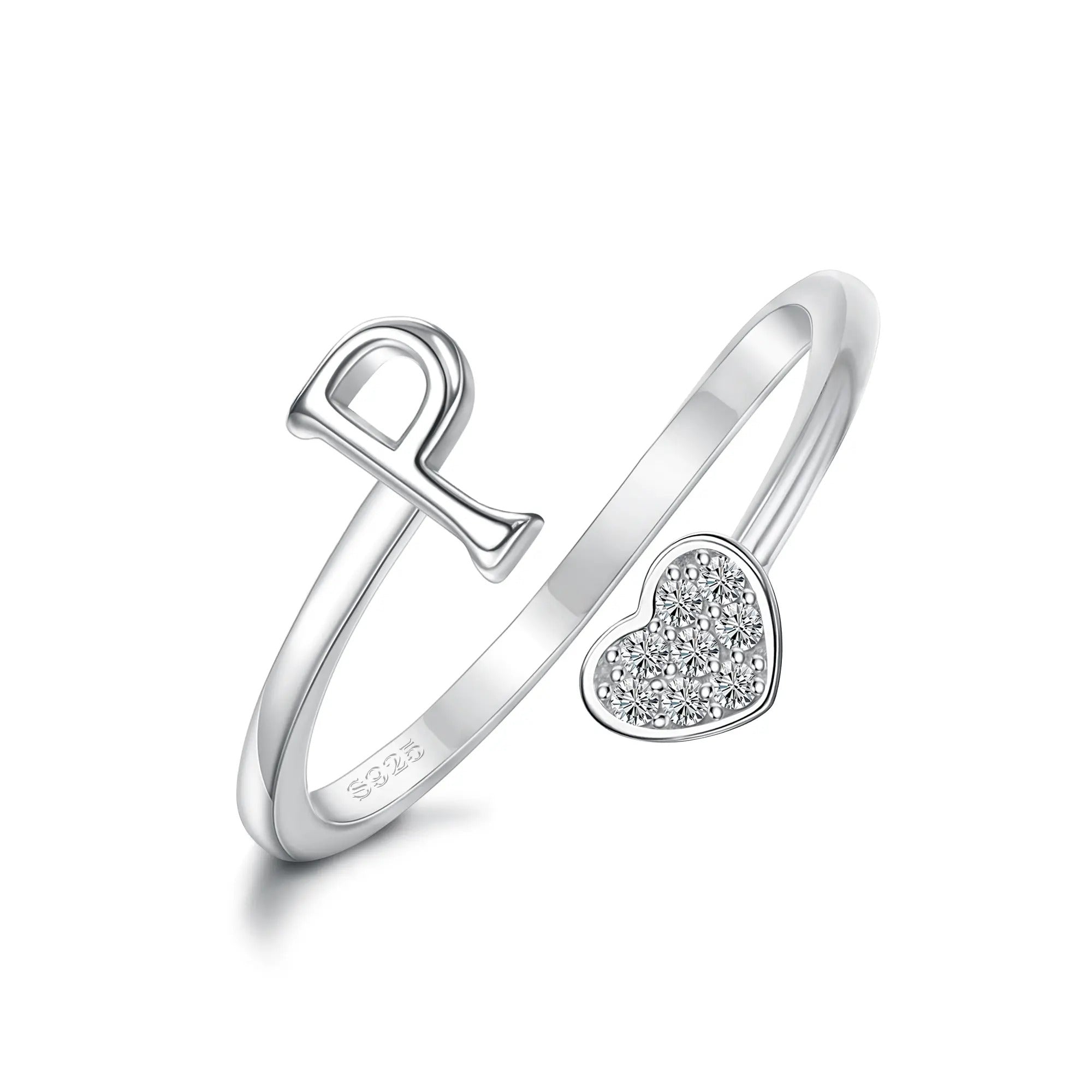 Heart Shaped Alphabet Design Ring, Adjustable Stackable