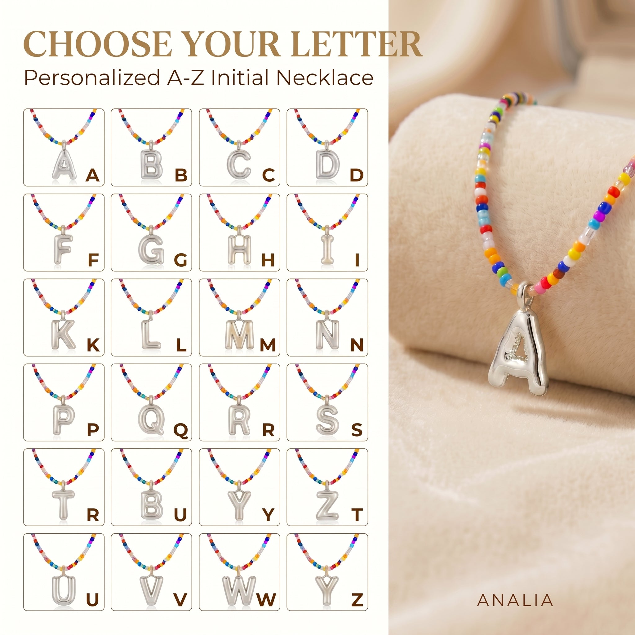 Colorful Letter Bubble Initial Handmade Beaded Necklace