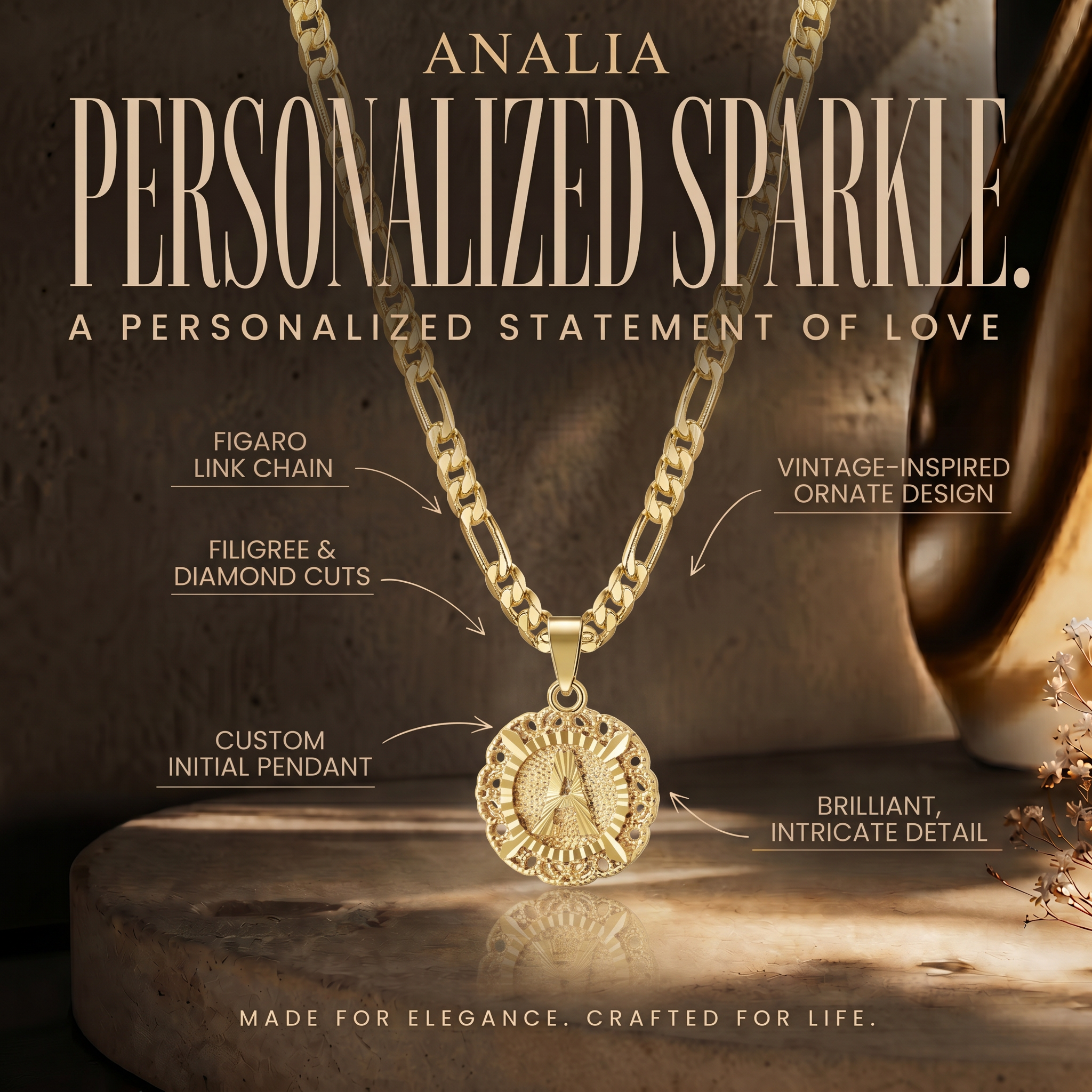 Figaro Chain Initial Necklace 14K Gold Letter Pendant Necklace