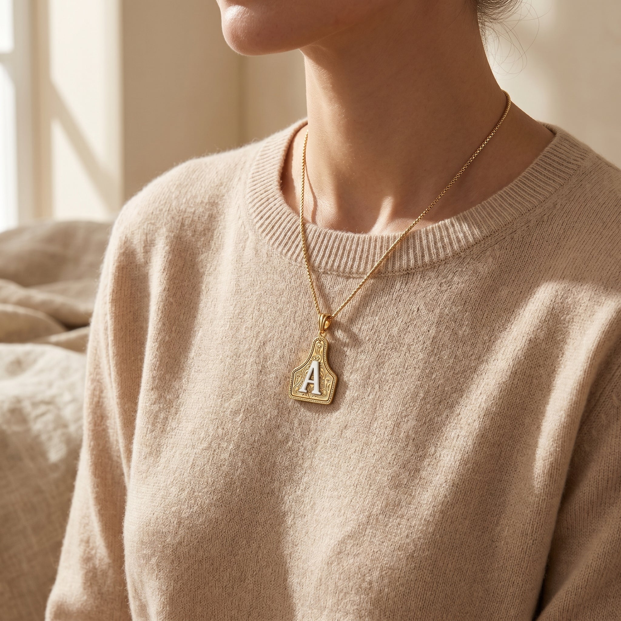 Western Jewelry Handmade CowTag Initial Necklace Two-Toned