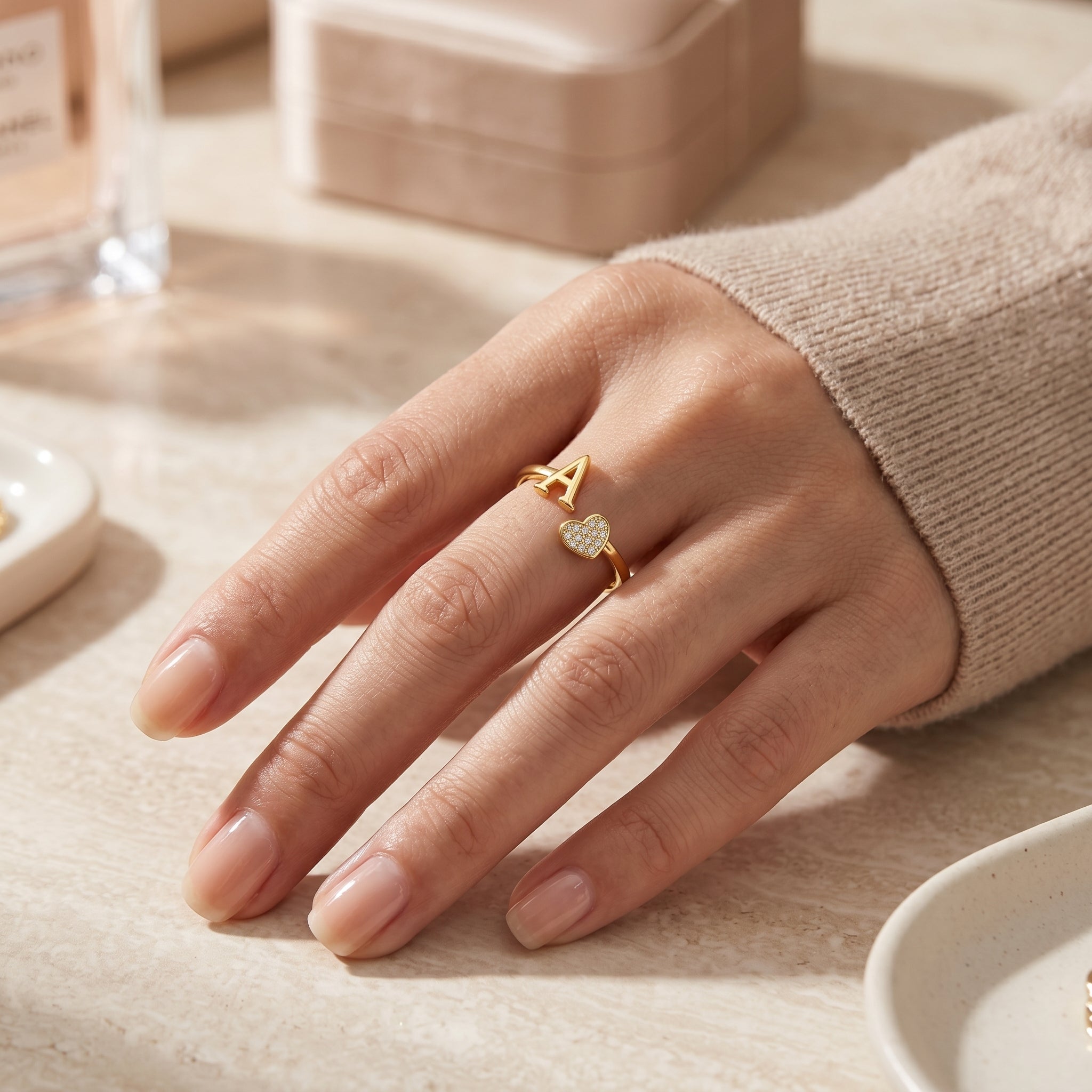 Heart Shaped Alphabet Design Ring, Adjustable Stackable